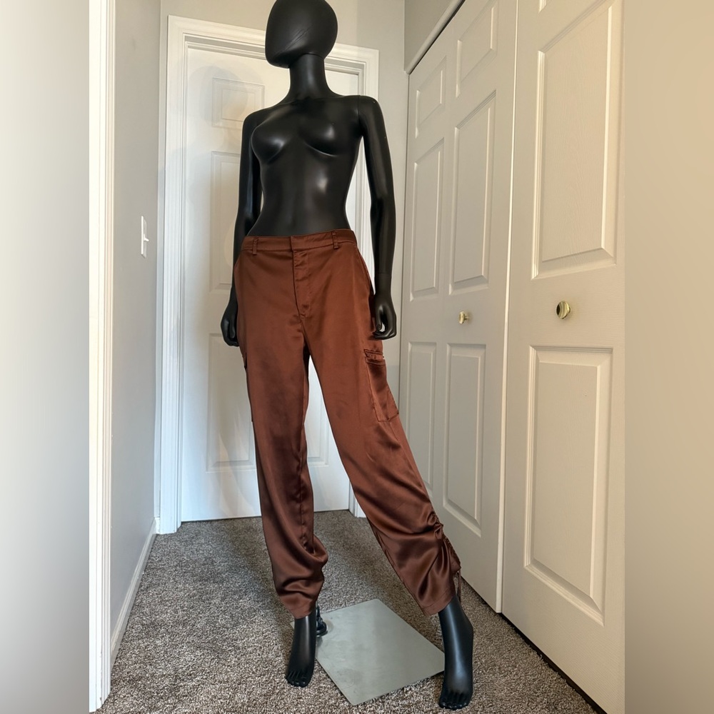 Intempo Brown Satin-like pants with drawstrings at ankles